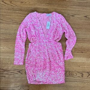 Pink Sequin Deep V Long Sleeve Mini Dress